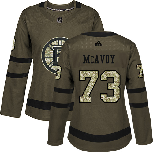 Adidas Bruins #73 Charlie McAvoy Green Salute to Service Women's Stitched NHL Jersey
